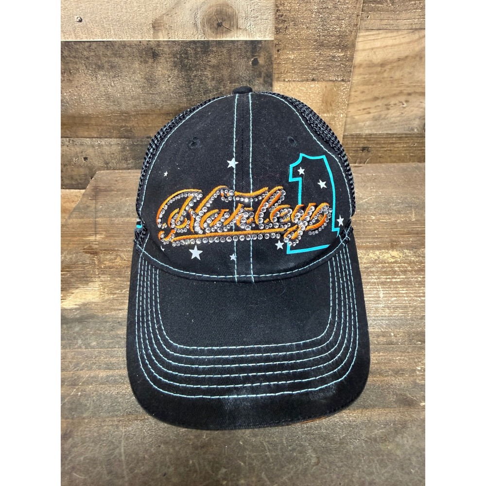 Harley-Davidson Womens Trucker Hat Black Teal Rhinestone Bar & Shield Flame Cap